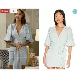 Amanda Uprichard Alida Dress Thyme Mini Mint Green Faux Wrap Balloon Sleeve M